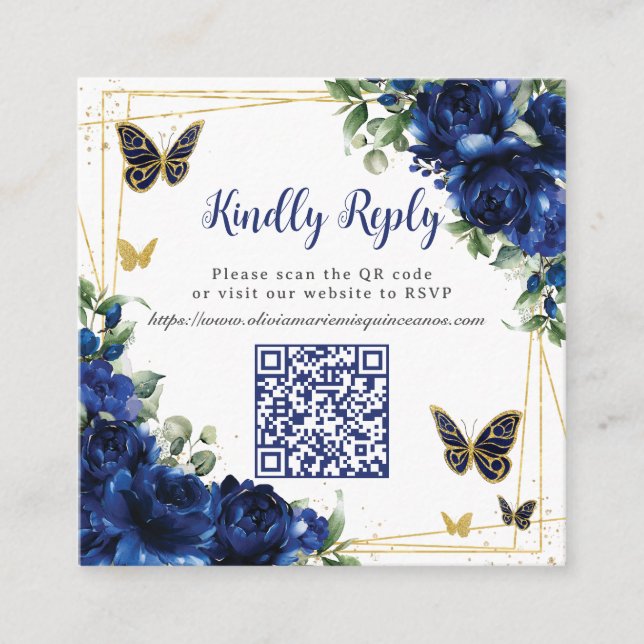 Royal Blue Blommigt Guld Quinceañera 16 QR Code OS Tilläggskort (Framsida)
