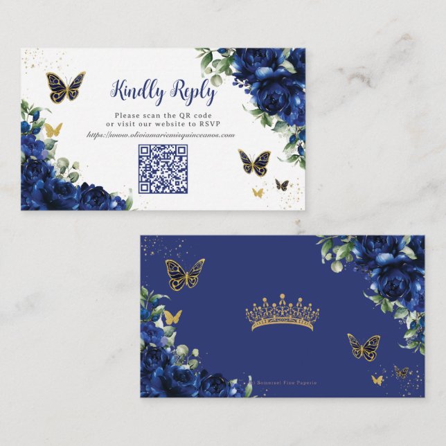 Royal Blue Blommigt Guld Quinceañera 16 QR Code OS Tilläggskort (Fram/baksida)