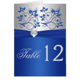 Royal Blue Blommigt och Silver Heart Bordsnummer Hälsningskort