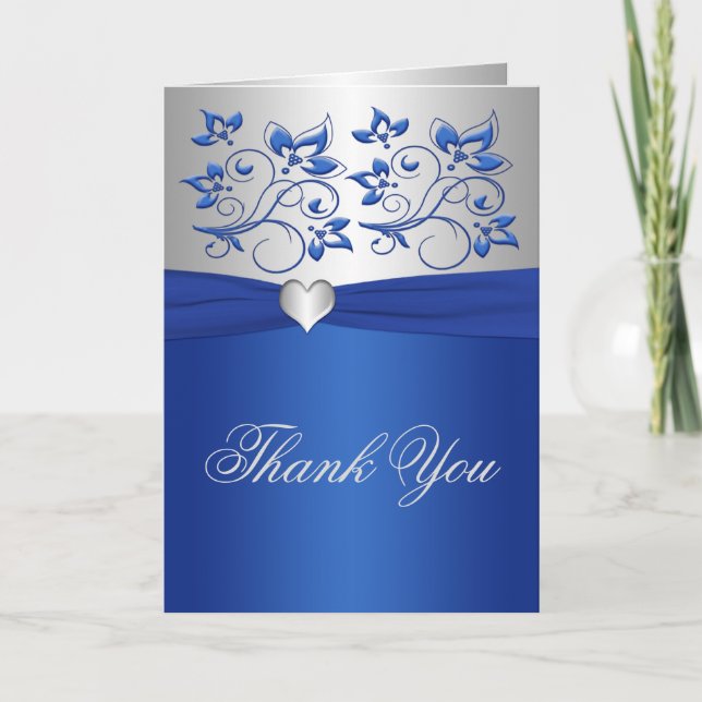 Royal Blue Blommigt och Silver Heart - tackkort (Framsida)