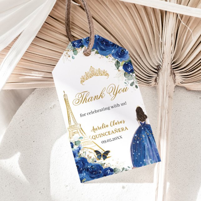 Royal Blue Blommigt Paris Guld Quinceañera Birthda Presentetikett (Skapare uppladdad)