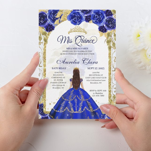 Royal Blue Blommigt Princess Guld Arch Quinceanera Inbjudningar (Skapare uppladdad)