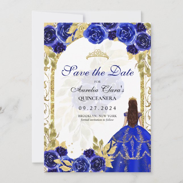 Royal Blue Blommigt Princess Guld Arch Quinceanera Meddelande (Framsida)
