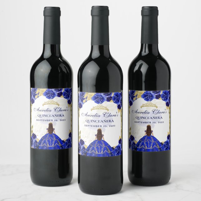 Royal Blue Blommigt Princess Guld Arch Quinceanera Vinflaska Etikett (Flaskor)