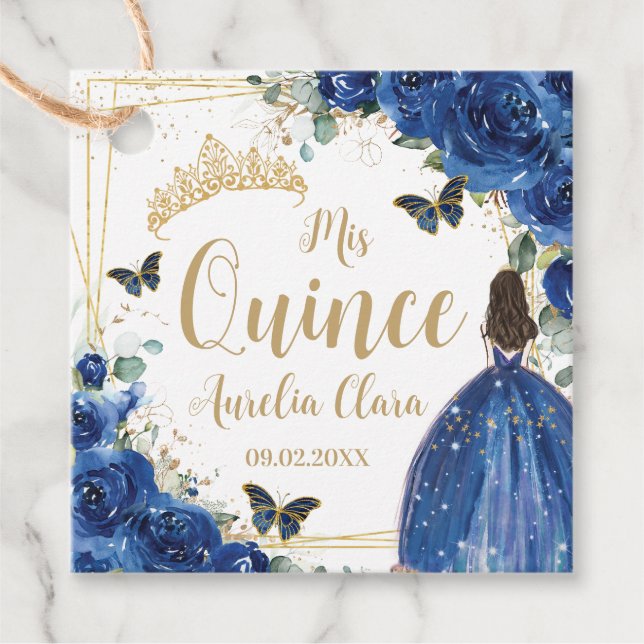 Royal Blue Blommigt Princess Guld Quinceañera Quin Gåvor Etiketter (Framsida)