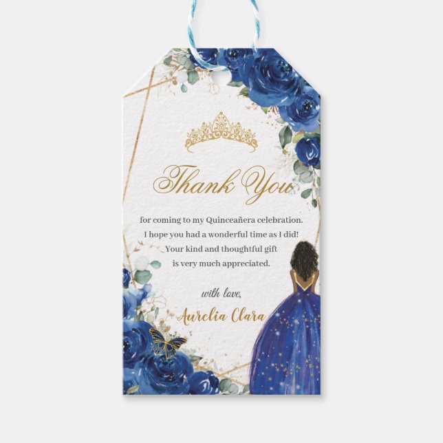 Royal Blue Blommigt Princess Quinceañera Birthday Presentetikett (Framsidan)