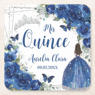 Royal Blue Blommigt Princess Silver Quinceañera Underlägg Papper Kvadrat