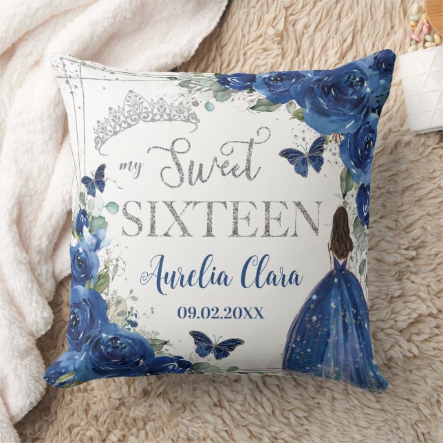 Royal Blue Blommigt Princess Silver Sweet sixteen  Kudde (Filt)