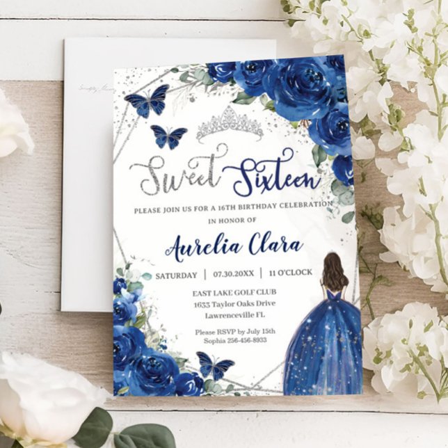 Royal Blue Blommigt Princess Sweet 16 Birthday Inbjudningar (Skapare uppladdad)