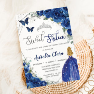 Royal Blue Blommigt Princess Sweet 16 Birthday Inbjudningar