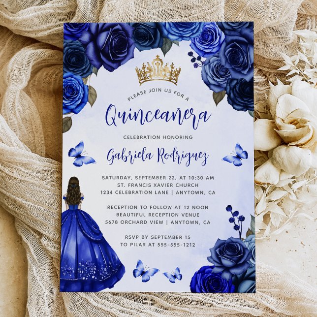 Royal Blue Blommigt Princess Watercolor Quinceañer Inbjudningar (Skapare uppladdad)