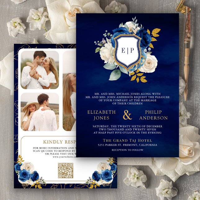Royal Blue Blommigt QR-kod Foto Vapensköld Bröllop Inbjudningar (Skapare uppladdad)