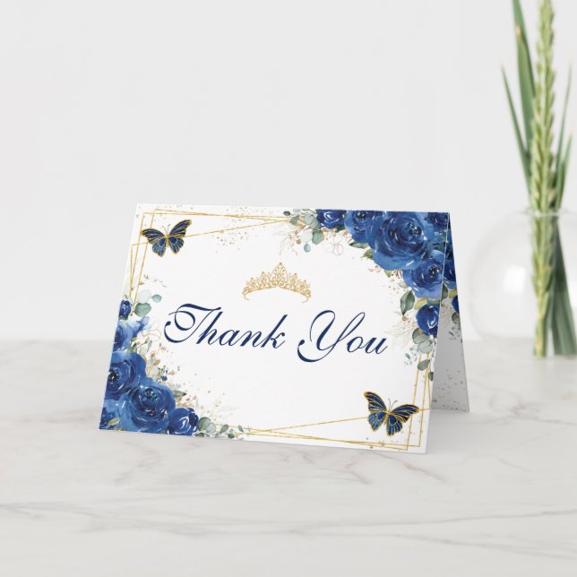 Royal Blue Blommigt Quinceañera Birthday Butterfli Tack Kort (Framsida)