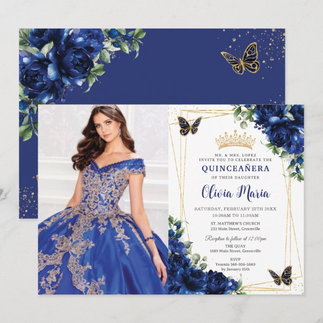 Royal Blue Blommigt Quinceañera Butterflies Bild Inbjudningar (Fram/baksida)
