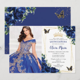 Royal Blue Blommigt Quinceañera Butterflies Bild Inbjudningar