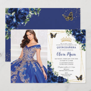 Royal Blue Blommigt Quinceañera Butterflies Bild Inbjudningar