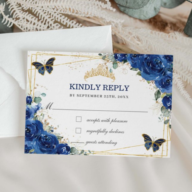 Royal Blue Blommigt Quinceañera Butterflies Reply OSA Kort (Skapare uppladdad)