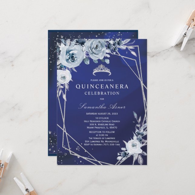 Royal Blue Blommigt Quinceañera Inbjudningar (Fram/Back In Situ)