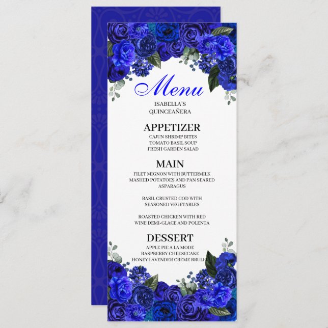 Royal Blue Blommigt Quinceanera Menu Inbjudningar (Fram/baksida)