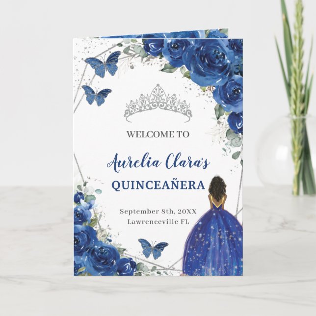 Royal Blue Blommigt Quinceañera-ordning för händel Program (Framsida)