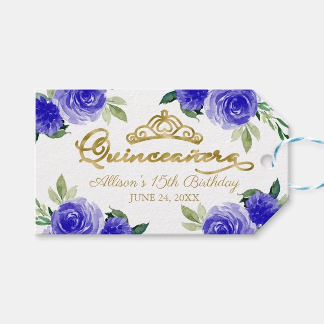 Royal Blue Blommigt Quinceanera Presentetikett (Framsidan (Horisontell))