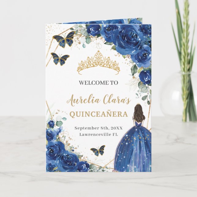 Royal Blue Blommigt Quinceañera Princess Padrinos Program (Framsida)
