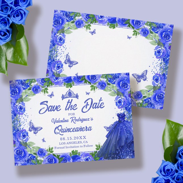 Royal Blue Blommigt Quinceanera Spara datum Datumet (Blue Floral Quinceanera Save the Date)