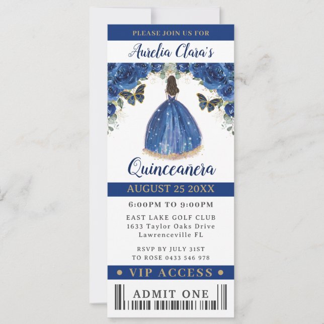 Royal Blue Blommigt Quinceañera Sweet 16 VIP Bilje Inbjudningar (Framsida)