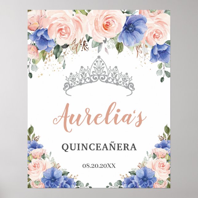 Royal Blue  Blommigt Quinceañera Tiara Välkommen Poster (Framsidan)