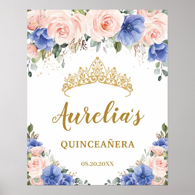 Royal Blue  Blommigt Quinceañera Tiara Välkommen Poster (Framsidan)