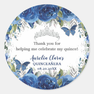 Royal Blue Blommigt Ro Butterflies Silver Krona Runt Klistermärke