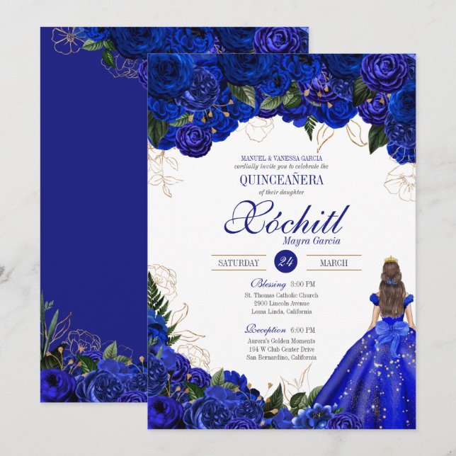 Royal Blue Blommigt Ro Elegant Quinceañera Inbjudningar (Fram/baksida)