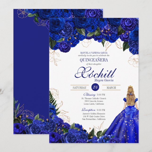 Royal Blue Blommigt Ro Elegant Quinceañera Party Inbjudningar (Fram/baksida)