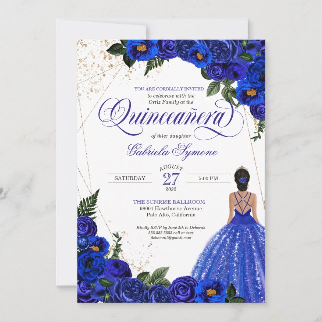 Royal Blue Blommigt Ro & Guld Elegant Quinceañera Inbjudningar (Framsida)
