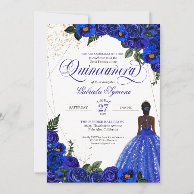 Royal Blue Blommigt Ro & Guld Elegant Quinceañera Inbjudningar (Framsida)
