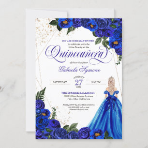 Royal Blue Blommigt Ro & Guld Elegant Quinceañera Inbjudningar