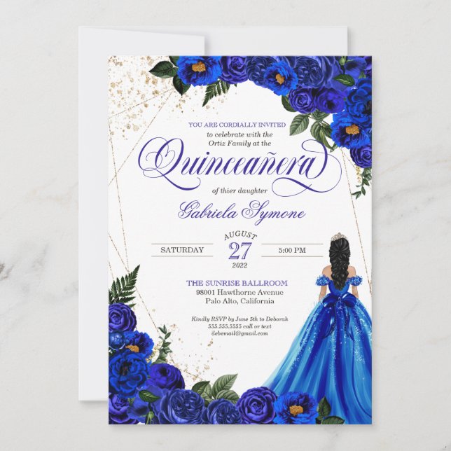 Royal Blue Blommigt Ro & Guld Elegant Quinceañera Inbjudningar (Framsida)