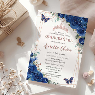 Royal Blue Blommigt Ro Guld Quinceañera Birthday Inbjudningar