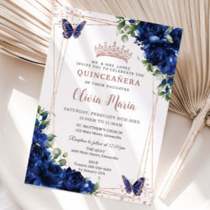 Royal Blue Blommigt Ro Guld Quinceañera Butterfly Inbjudningar