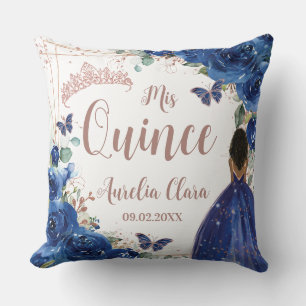 Royal Blue Blommigt Ro Guld Quinceanera XV Kudde
