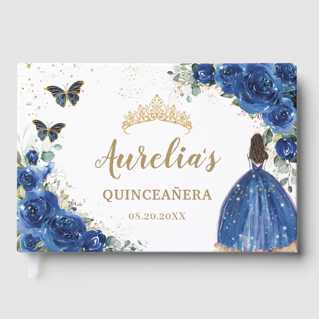 Royal Blue Blommigt Ro Princess Guld Quinceañera Gästböcker (Framsida)