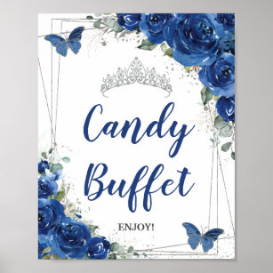 Royal Blue Blommigt Ro Quinceañera Candy Buffet Poster