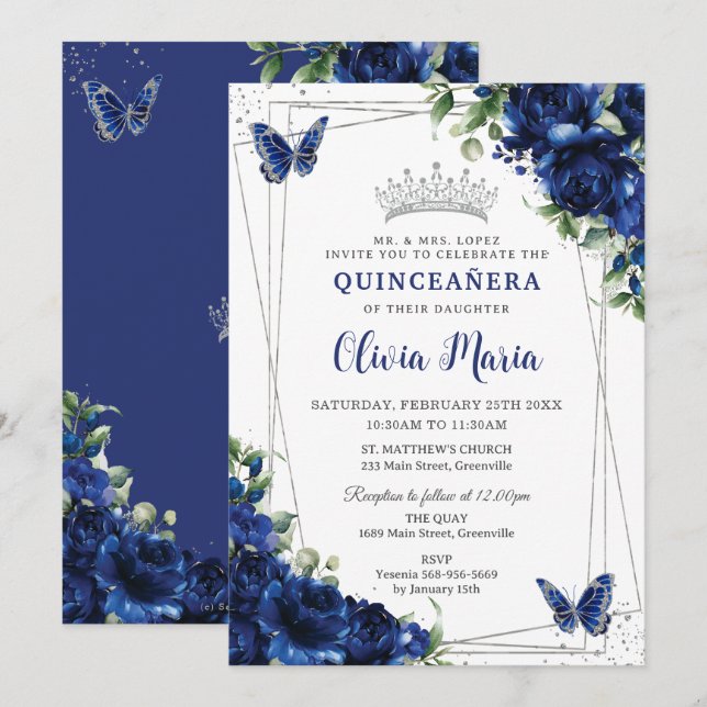 Royal Blue Blommigt Silver Quinceañera Butterflies Inbjudningar (Fram/baksida)