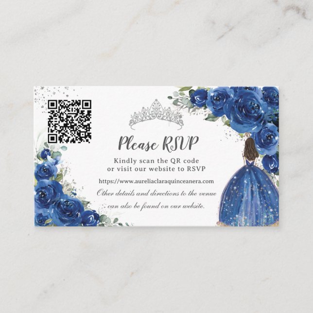 Royal Blue Blommigt Silver Quinceañera QR-kod Tilläggskort (Framsida)