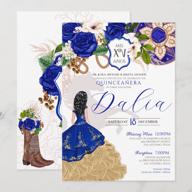 Royal Blue Blommigt Vapensköld Ro Charro Quinceañe Inbjudningar (Fram/baksida)