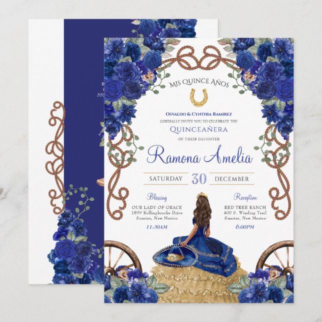 Royal Blue Blommigt Western Charra Quinceañera Inbjudningar (Fram/baksida)