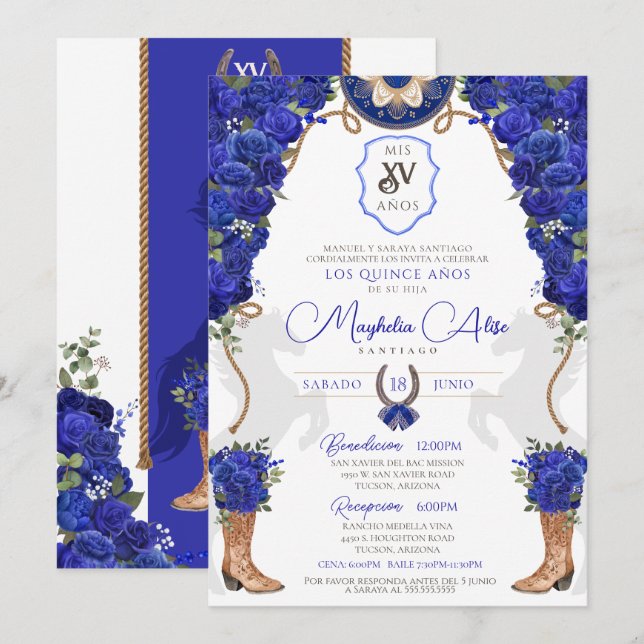 Royal Blue Blommigt Western Charro Quinceañera Inbjudningar (Fram/baksida)