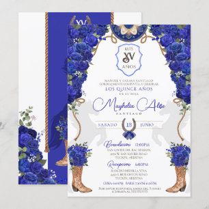 Royal Blue Blommigt Western Charro Quinceañera Inbjudningar