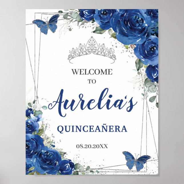 Royal Blue Blommor Fjärilar Quinceañera Välkommen Poster (Framsidan)