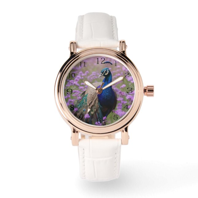 Royal Blue: Blue Peacock in Lavender Fält, Armbandsur (Framsida)